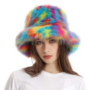 Trendy Faux Fur Bucket Hat Winter Colorful Fluffy Plush Warm Fisherman Cap, Rain